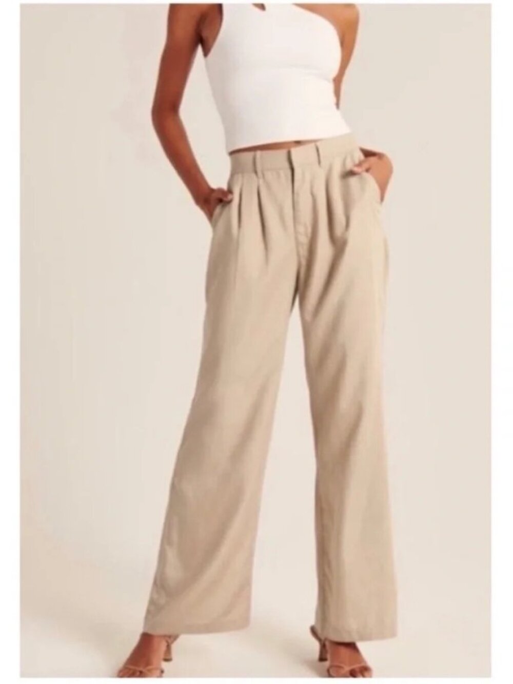 Abercrombie & Fitch Sloane Tan High Rise Pleated Wide Trouser Pant